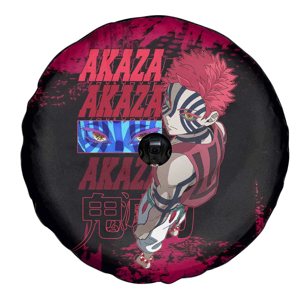 Akaza Demon Slayer Intense Eyes Design Spare Tire Cover with Red and Black Grunge Aesthetic and Dynamic Pose - The Mazicc