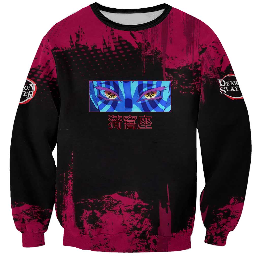 Akaza Demon Slayer Intense Eyes Design Sweatshirt with Red and Black Grunge Aesthetic and Dynamic Pose - The Mazicc