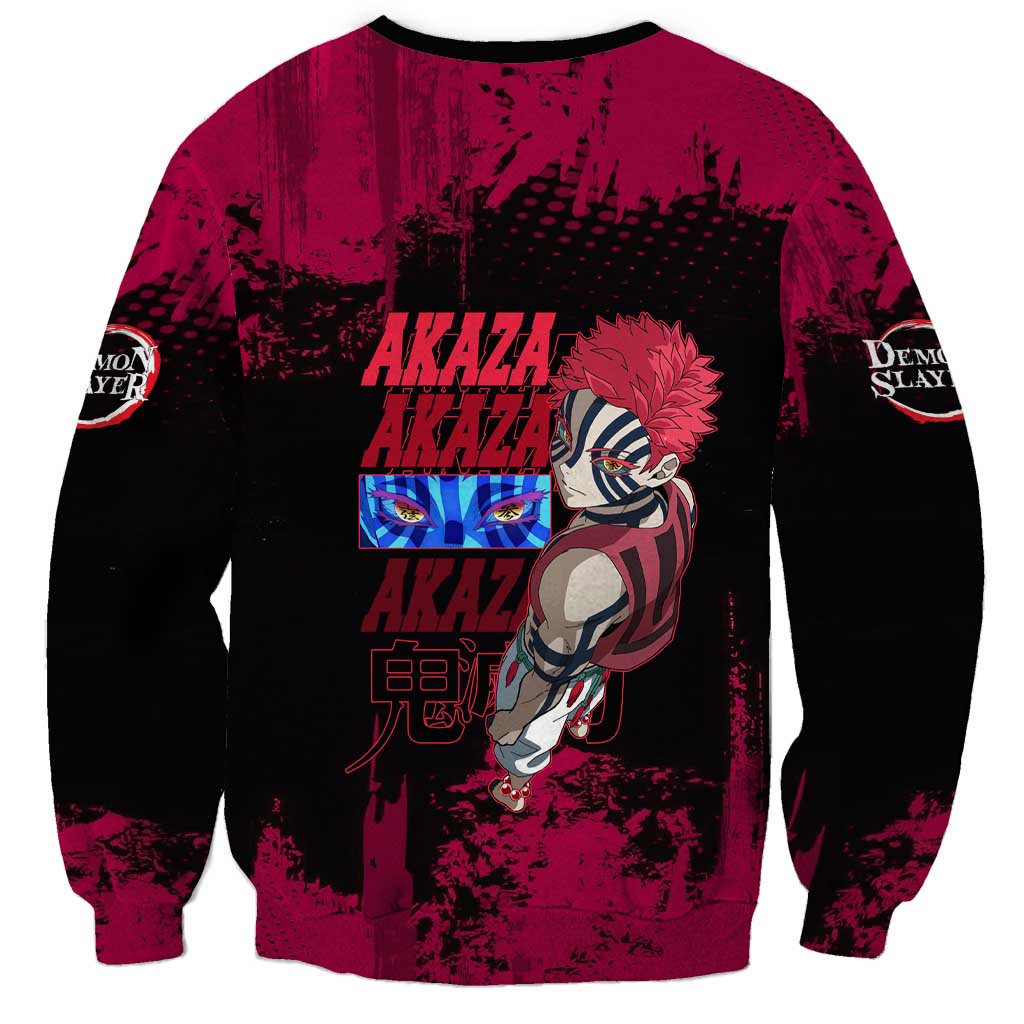 Akaza Demon Slayer Intense Eyes Design Sweatshirt with Red and Black Grunge Aesthetic and Dynamic Pose - The Mazicc
