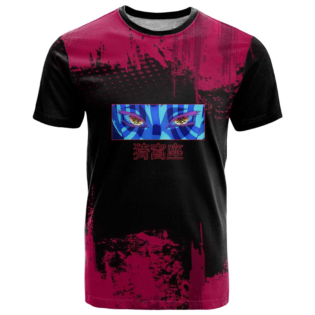 Akaza Demon Slayer Intense Eyes Design T Shirt with Red and Black Grunge Aesthetic and Dynamic Pose - The Mazicc