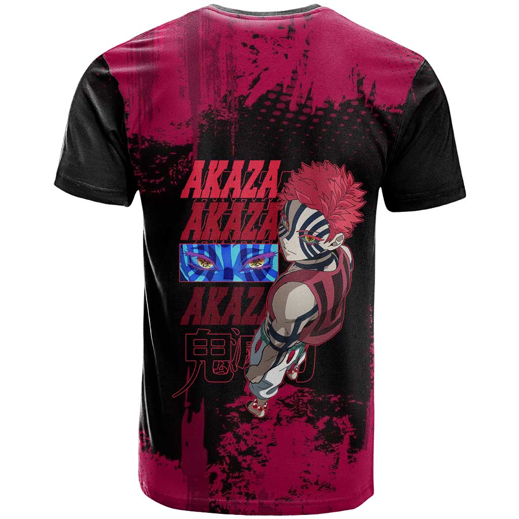 Akaza Demon Slayer Intense Eyes Design T Shirt with Red and Black Grunge Aesthetic and Dynamic Pose - The Mazicc