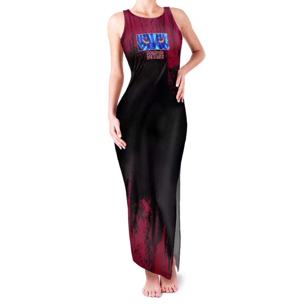 Akaza Demon Slayer Intense Eyes Design Tank Maxi Dress with Red and Black Grunge Aesthetic and Dynamic Pose - The Mazicc