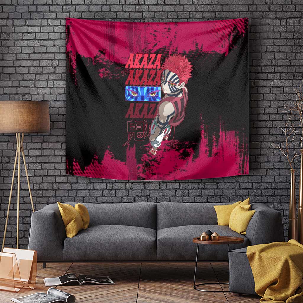 Akaza Demon Slayer Intense Eyes Design Tapestry with Red and Black Grunge Aesthetic and Dynamic Pose - The Mazicc
