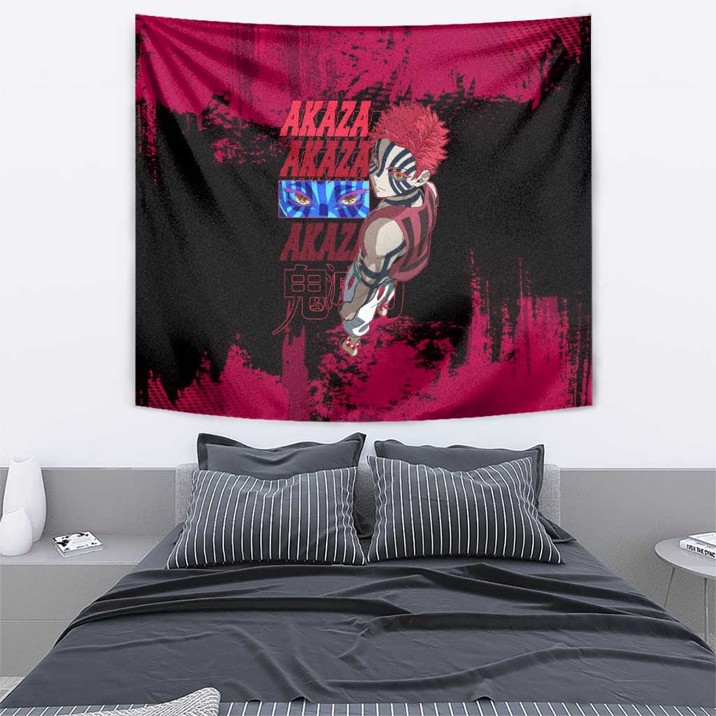 Akaza Demon Slayer Intense Eyes Design Tapestry with Red and Black Grunge Aesthetic and Dynamic Pose - The Mazicc