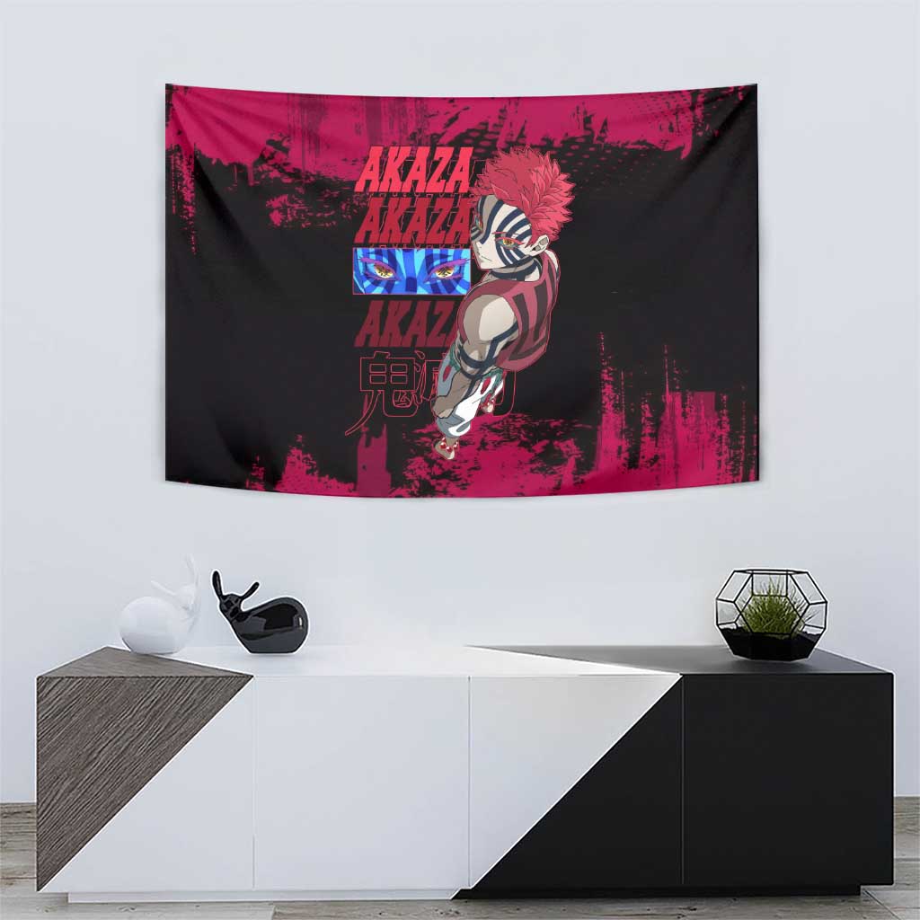 Akaza Demon Slayer Intense Eyes Design Tapestry with Red and Black Grunge Aesthetic and Dynamic Pose - The Mazicc