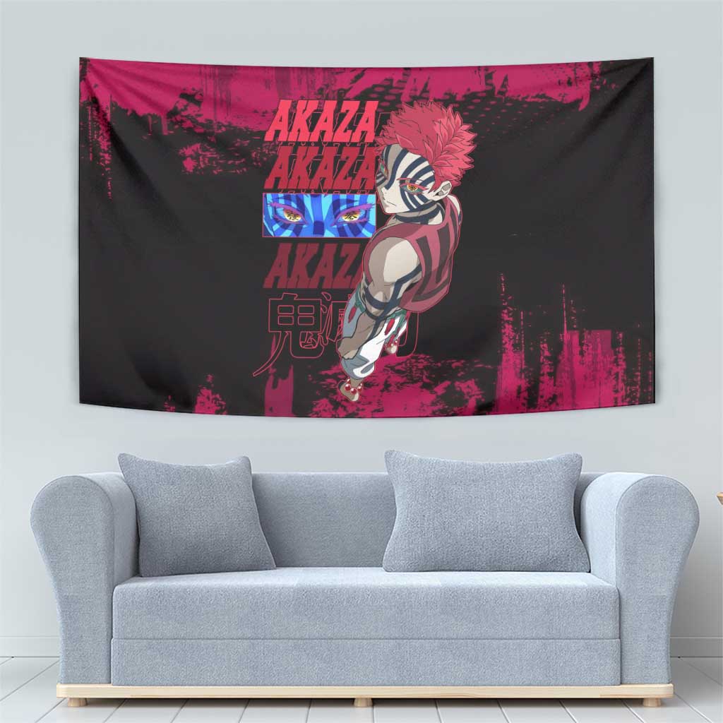 Akaza Demon Slayer Intense Eyes Design Tapestry with Red and Black Grunge Aesthetic and Dynamic Pose - The Mazicc