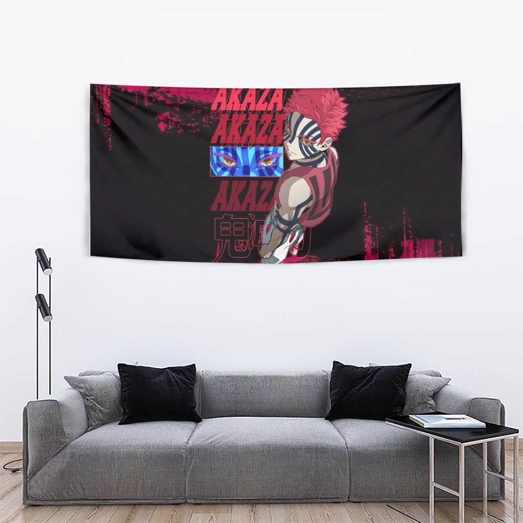 Akaza Demon Slayer Intense Eyes Design Tapestry with Red and Black Grunge Aesthetic and Dynamic Pose - The Mazicc