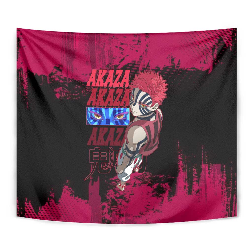 Akaza Demon Slayer Intense Eyes Design Tapestry with Red and Black Grunge Aesthetic and Dynamic Pose - The Mazicc