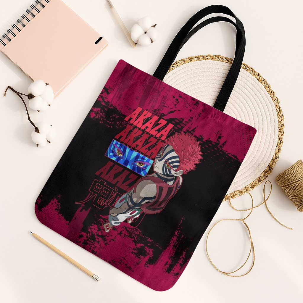 Akaza Demon Slayer Intense Eyes Design Tote Bag with Red and Black Grunge Aesthetic and Dynamic Pose - The Mazicc