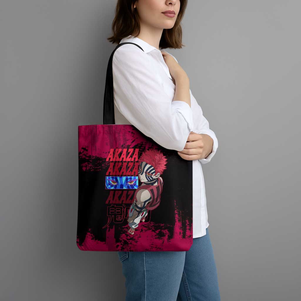 Akaza Demon Slayer Intense Eyes Design Tote Bag with Red and Black Grunge Aesthetic and Dynamic Pose - The Mazicc