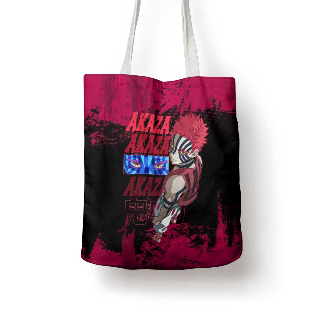 Akaza Demon Slayer Intense Eyes Design Tote Bag with Red and Black Grunge Aesthetic and Dynamic Pose - The Mazicc