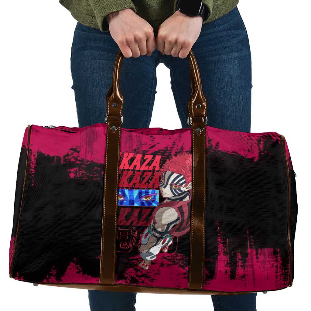 Akaza Demon Slayer Intense Eyes Design Travel Bag with Red and Black Grunge Aesthetic and Dynamic Pose - The Mazicc