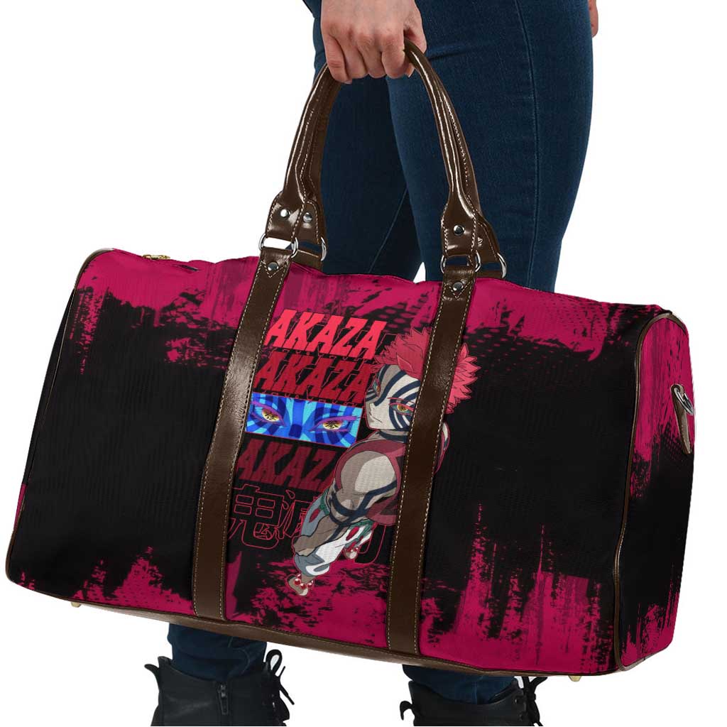 Akaza Demon Slayer Intense Eyes Design Travel Bag with Red and Black Grunge Aesthetic and Dynamic Pose - The Mazicc