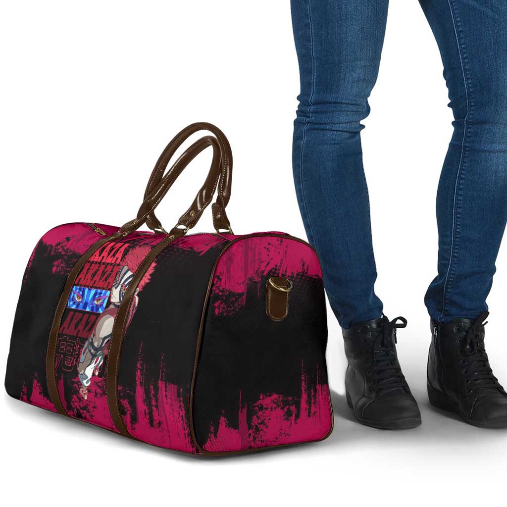 Akaza Demon Slayer Intense Eyes Design Travel Bag with Red and Black Grunge Aesthetic and Dynamic Pose - The Mazicc
