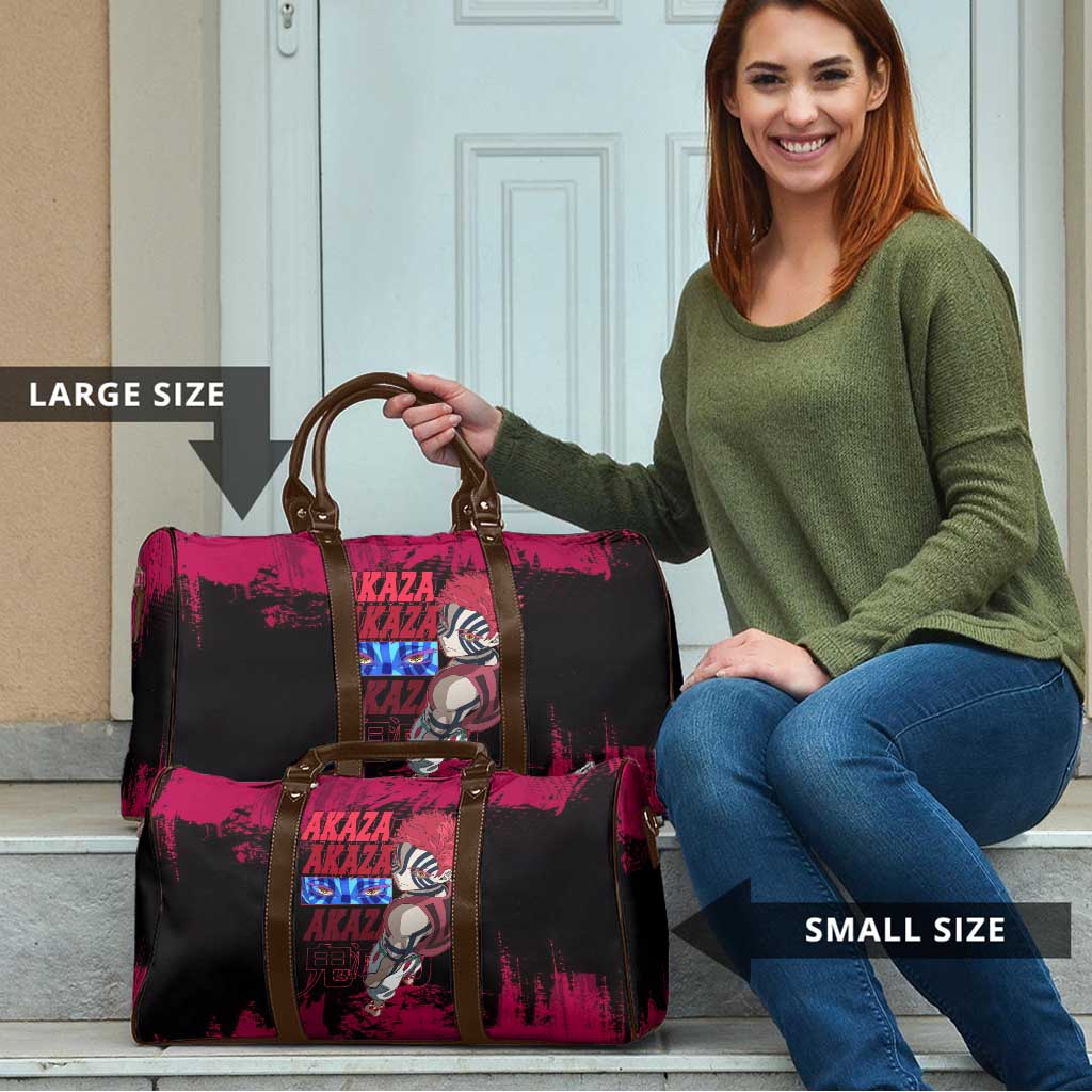Akaza Demon Slayer Intense Eyes Design Travel Bag with Red and Black Grunge Aesthetic and Dynamic Pose - The Mazicc