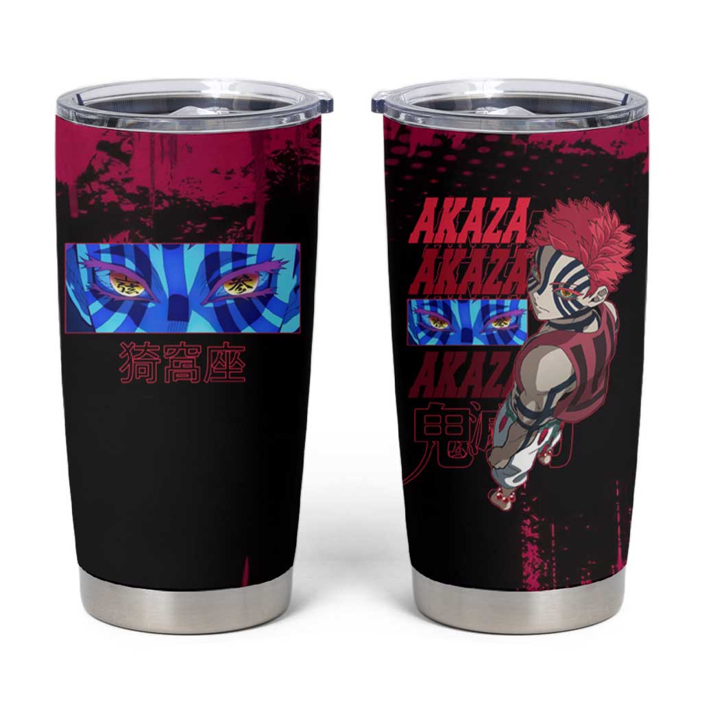 Akaza Demon Slayer Intense Eyes Design Tumbler Cup with Red and Black Grunge Aesthetic and Dynamic Pose - The Mazicc