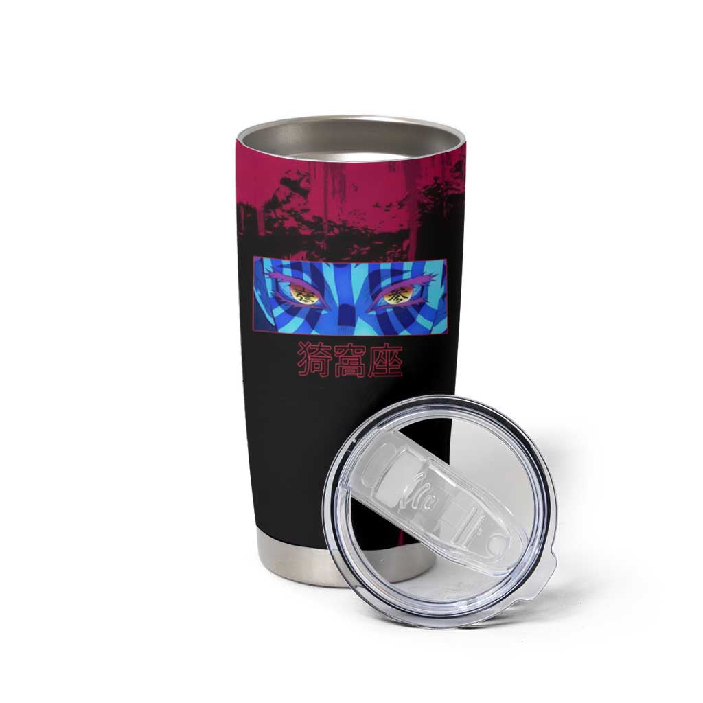 Akaza Demon Slayer Intense Eyes Design Tumbler Cup with Red and Black Grunge Aesthetic and Dynamic Pose - The Mazicc