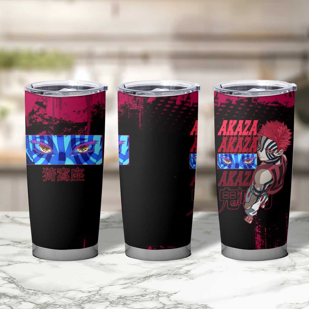 Akaza Demon Slayer Intense Eyes Design Tumbler Cup with Red and Black Grunge Aesthetic and Dynamic Pose - The Mazicc