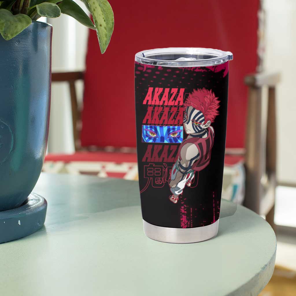 Akaza Demon Slayer Intense Eyes Design Tumbler Cup with Red and Black Grunge Aesthetic and Dynamic Pose - The Mazicc