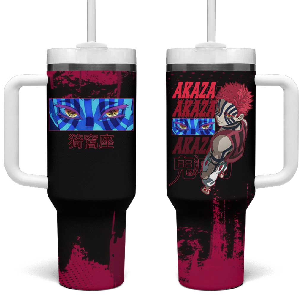 Akaza Demon Slayer Intense Eyes Design Tumbler With Handle with Red and Black Grunge Aesthetic and Dynamic Pose - The Mazicc
