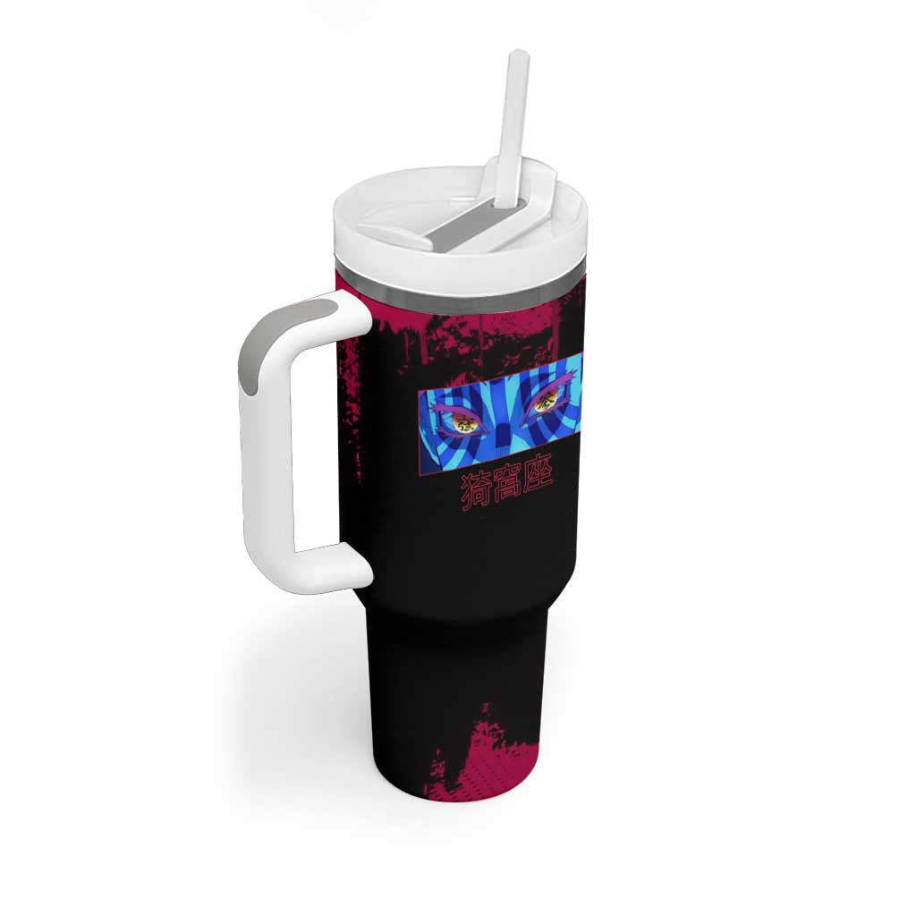Akaza Demon Slayer Intense Eyes Design Tumbler With Handle with Red and Black Grunge Aesthetic and Dynamic Pose - The Mazicc