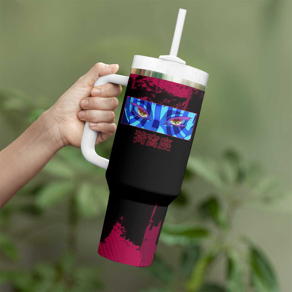Akaza Demon Slayer Intense Eyes Design Tumbler With Handle with Red and Black Grunge Aesthetic and Dynamic Pose - The Mazicc