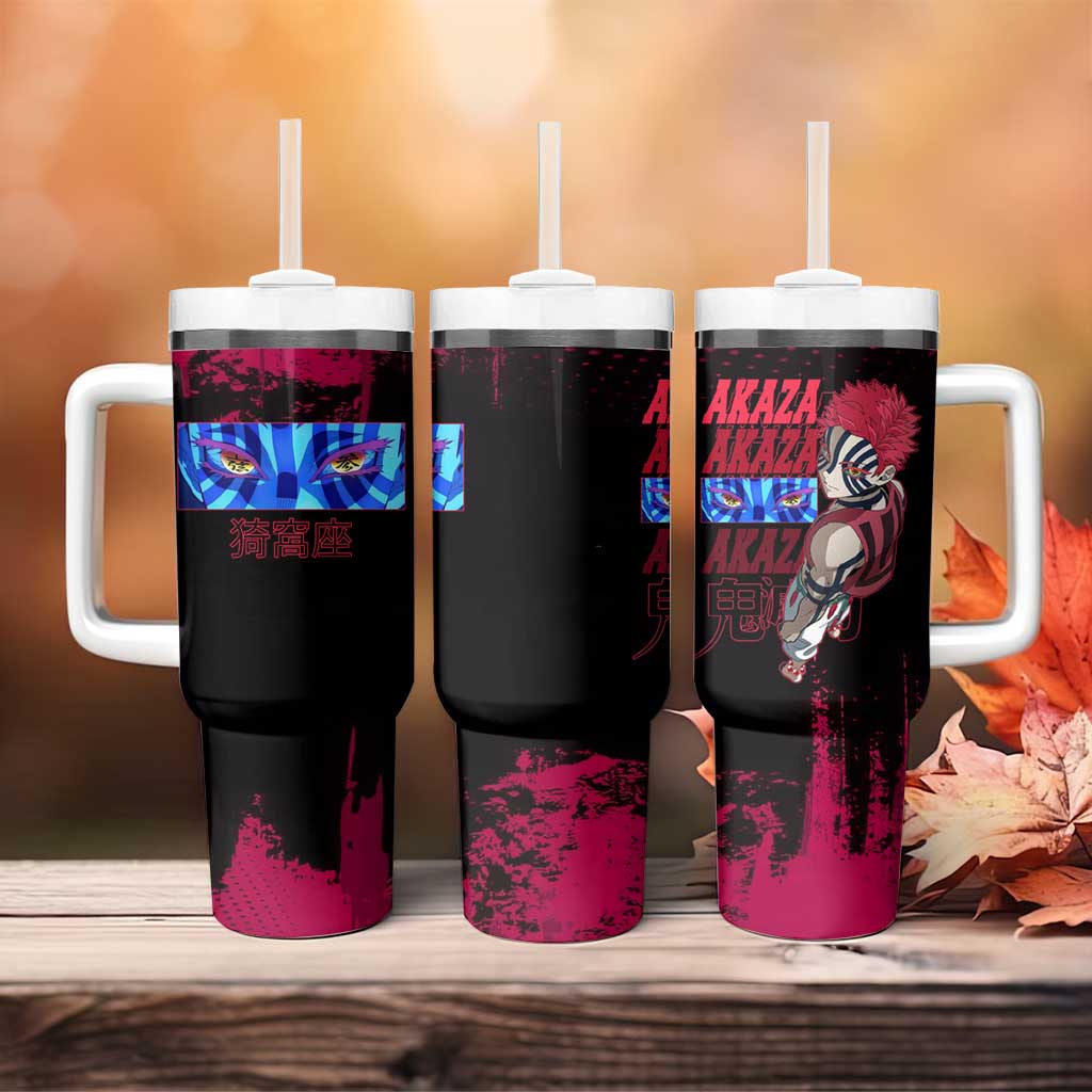 Akaza Demon Slayer Intense Eyes Design Tumbler With Handle with Red and Black Grunge Aesthetic and Dynamic Pose - The Mazicc