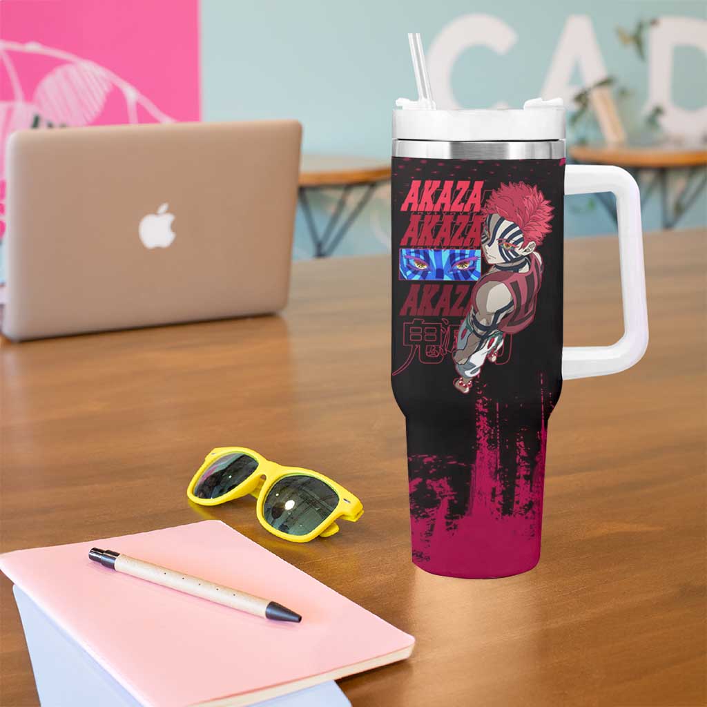 Akaza Demon Slayer Intense Eyes Design Tumbler With Handle with Red and Black Grunge Aesthetic and Dynamic Pose - The Mazicc