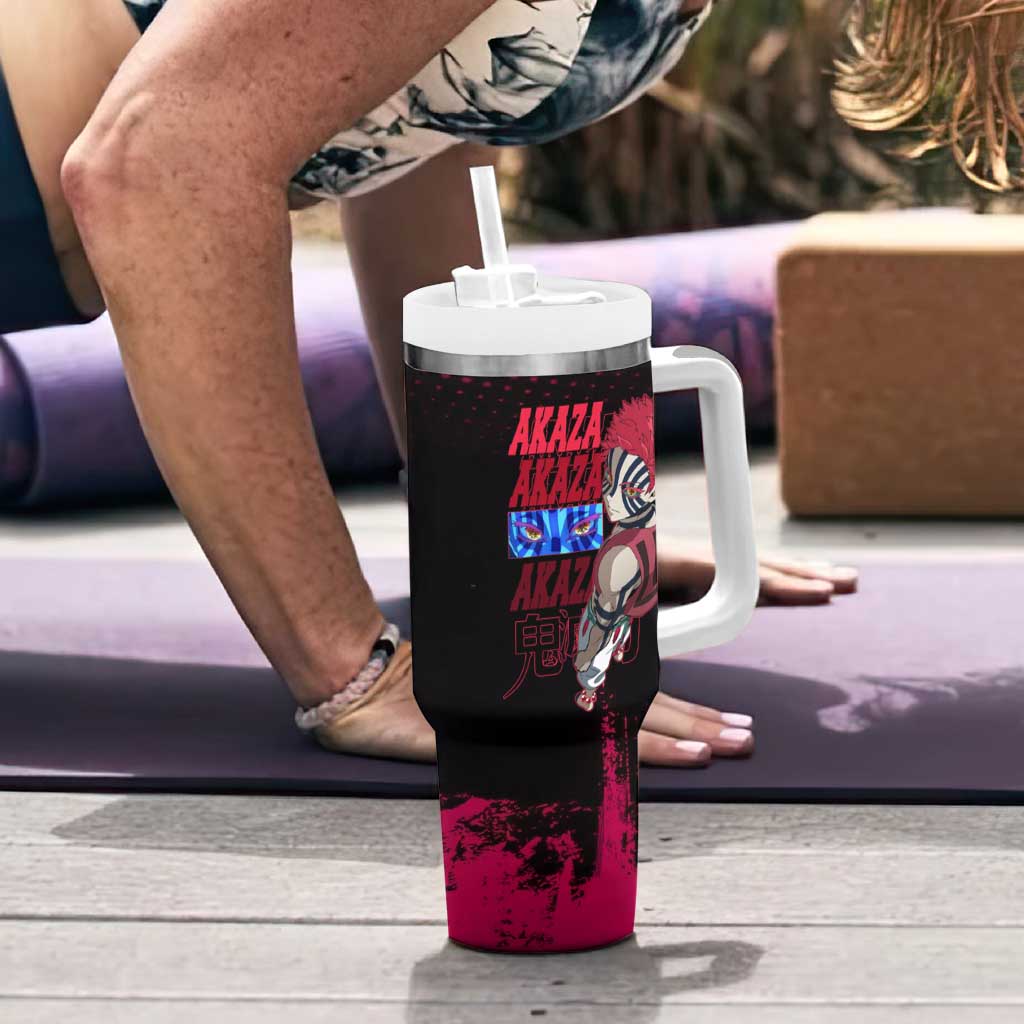Akaza Demon Slayer Intense Eyes Design Tumbler With Handle with Red and Black Grunge Aesthetic and Dynamic Pose - The Mazicc