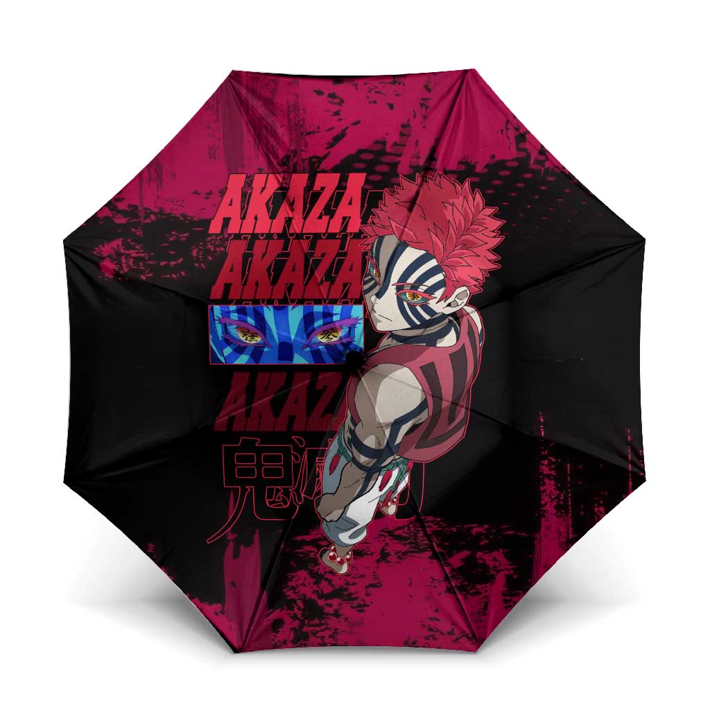 Akaza Demon Slayer Intense Eyes Design Umbrella with Red and Black Grunge Aesthetic and Dynamic Pose - The Mazicc