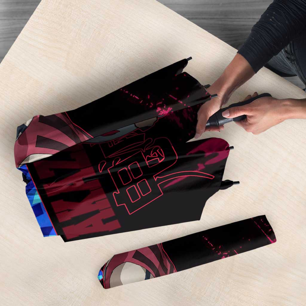 Akaza Demon Slayer Intense Eyes Design Umbrella with Red and Black Grunge Aesthetic and Dynamic Pose - The Mazicc