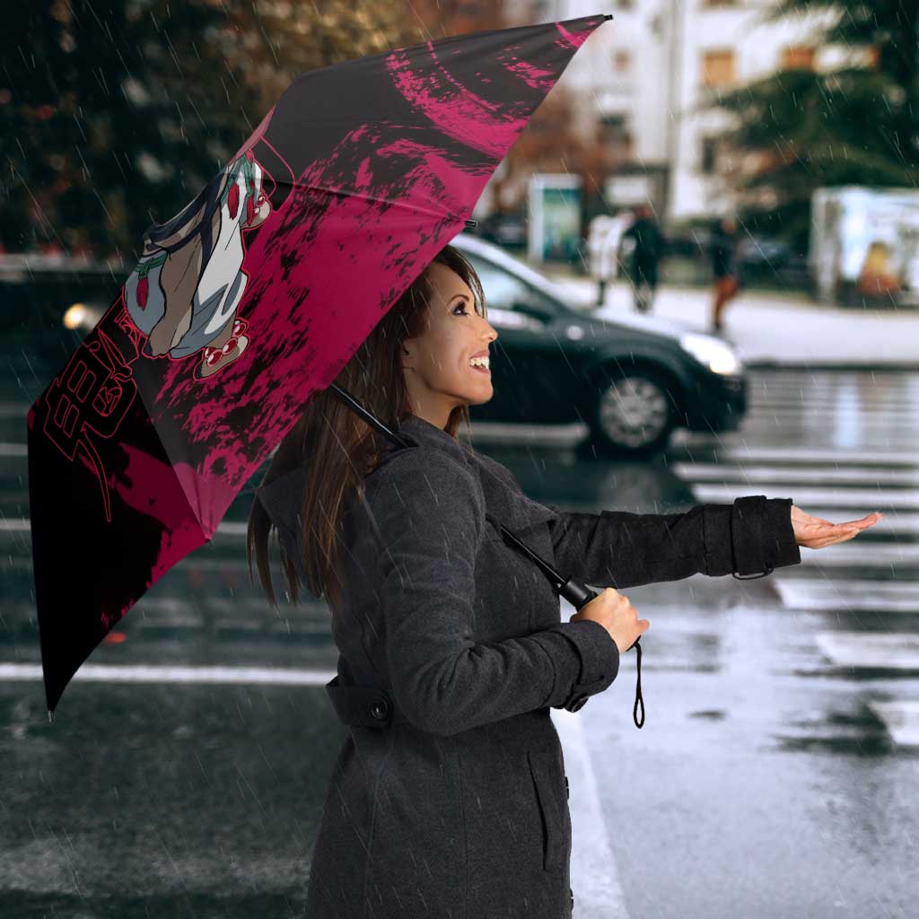 Akaza Demon Slayer Intense Eyes Design Umbrella with Red and Black Grunge Aesthetic and Dynamic Pose - The Mazicc