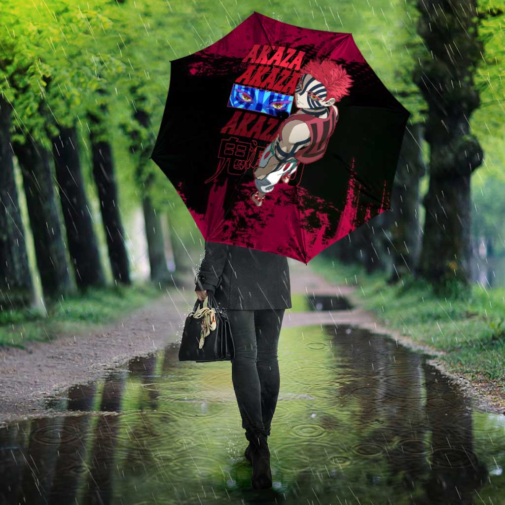 Akaza Demon Slayer Intense Eyes Design Umbrella with Red and Black Grunge Aesthetic and Dynamic Pose - The Mazicc