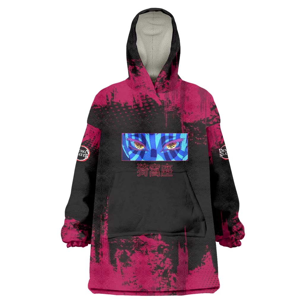 Akaza Demon Slayer Intense Eyes Design Wearable Blanket Hoodie with Red and Black Grunge Aesthetic and Dynamic Pose - The Mazicc