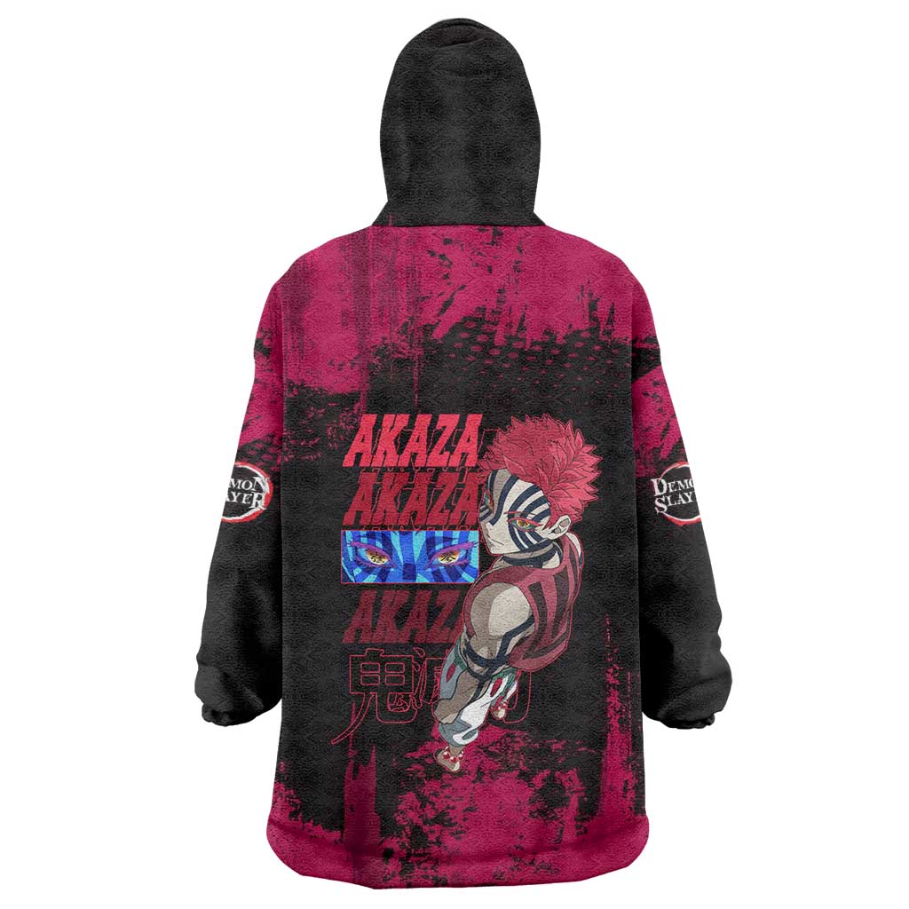 Akaza Demon Slayer Intense Eyes Design Wearable Blanket Hoodie with Red and Black Grunge Aesthetic and Dynamic Pose - The Mazicc