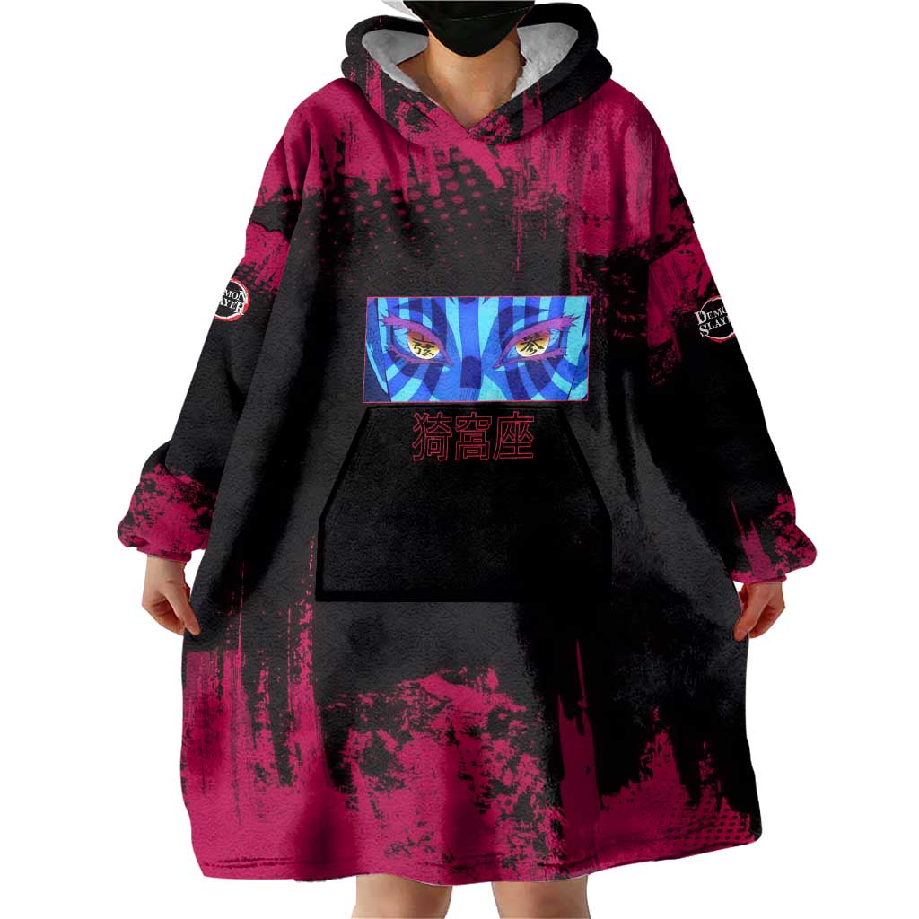 Akaza Demon Slayer Intense Eyes Design Wearable Blanket Hoodie with Red and Black Grunge Aesthetic and Dynamic Pose - The Mazicc