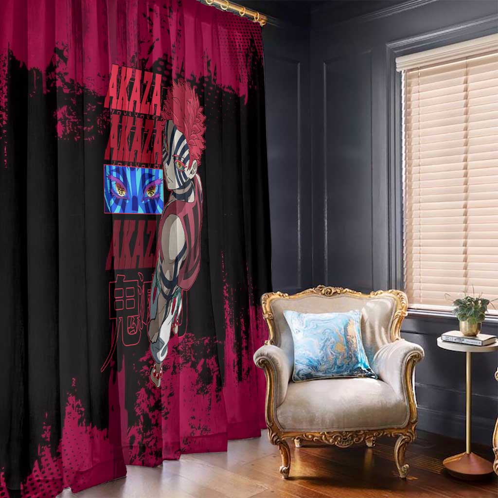 Akaza Demon Slayer Intense Eyes Design Window Curtain with Red and Black Grunge Aesthetic and Dynamic Pose - The Mazicc
