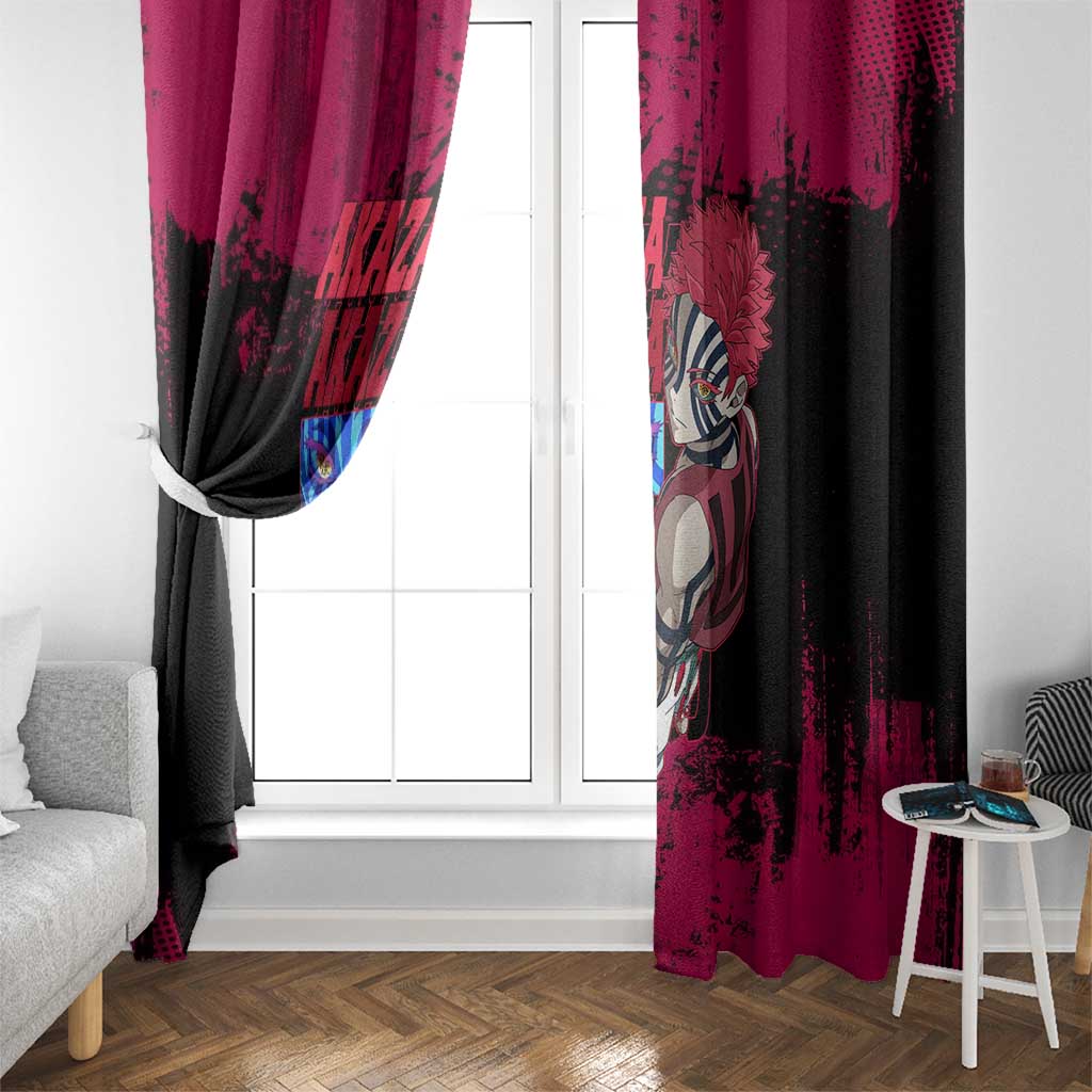 Akaza Demon Slayer Intense Eyes Design Window Curtain with Red and Black Grunge Aesthetic and Dynamic Pose - The Mazicc