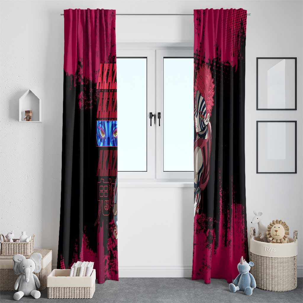 Akaza Demon Slayer Intense Eyes Design Window Curtain with Red and Black Grunge Aesthetic and Dynamic Pose - The Mazicc