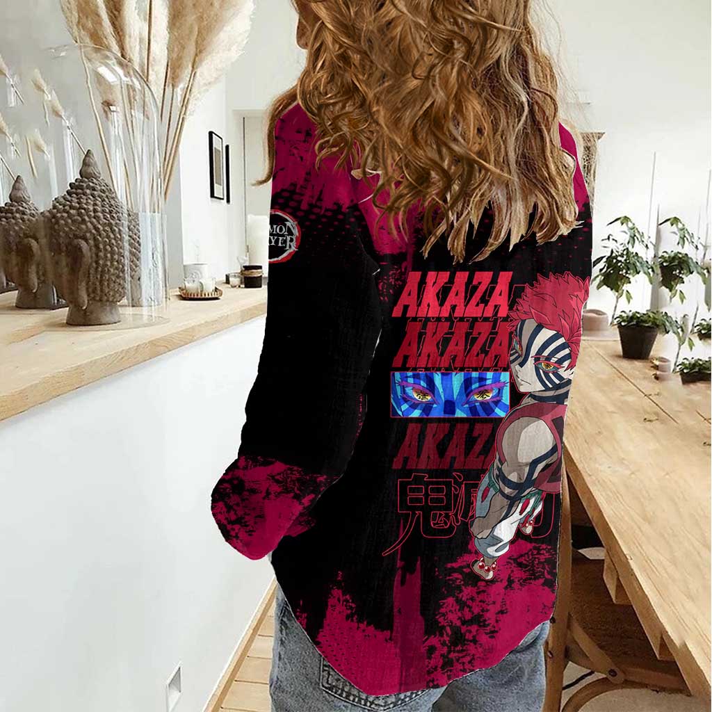Akaza Demon Slayer Intense Eyes Design Women Casual Shirt with Red and Black Grunge Aesthetic and Dynamic Pose - The Mazicc