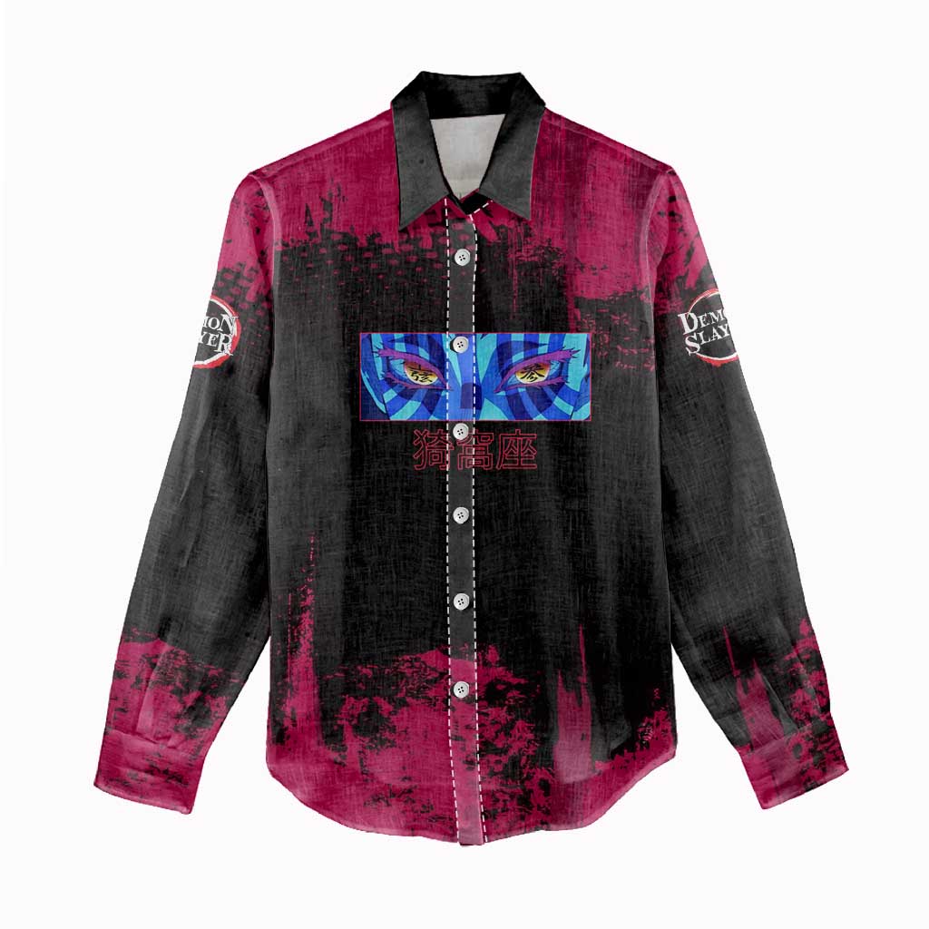 Akaza Demon Slayer Intense Eyes Design Women Casual Shirt with Red and Black Grunge Aesthetic and Dynamic Pose - The Mazicc