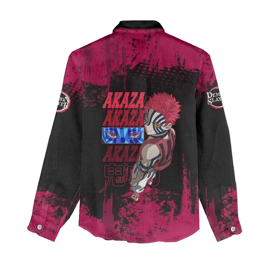 Akaza Demon Slayer Intense Eyes Design Women Casual Shirt with Red and Black Grunge Aesthetic and Dynamic Pose - The Mazicc