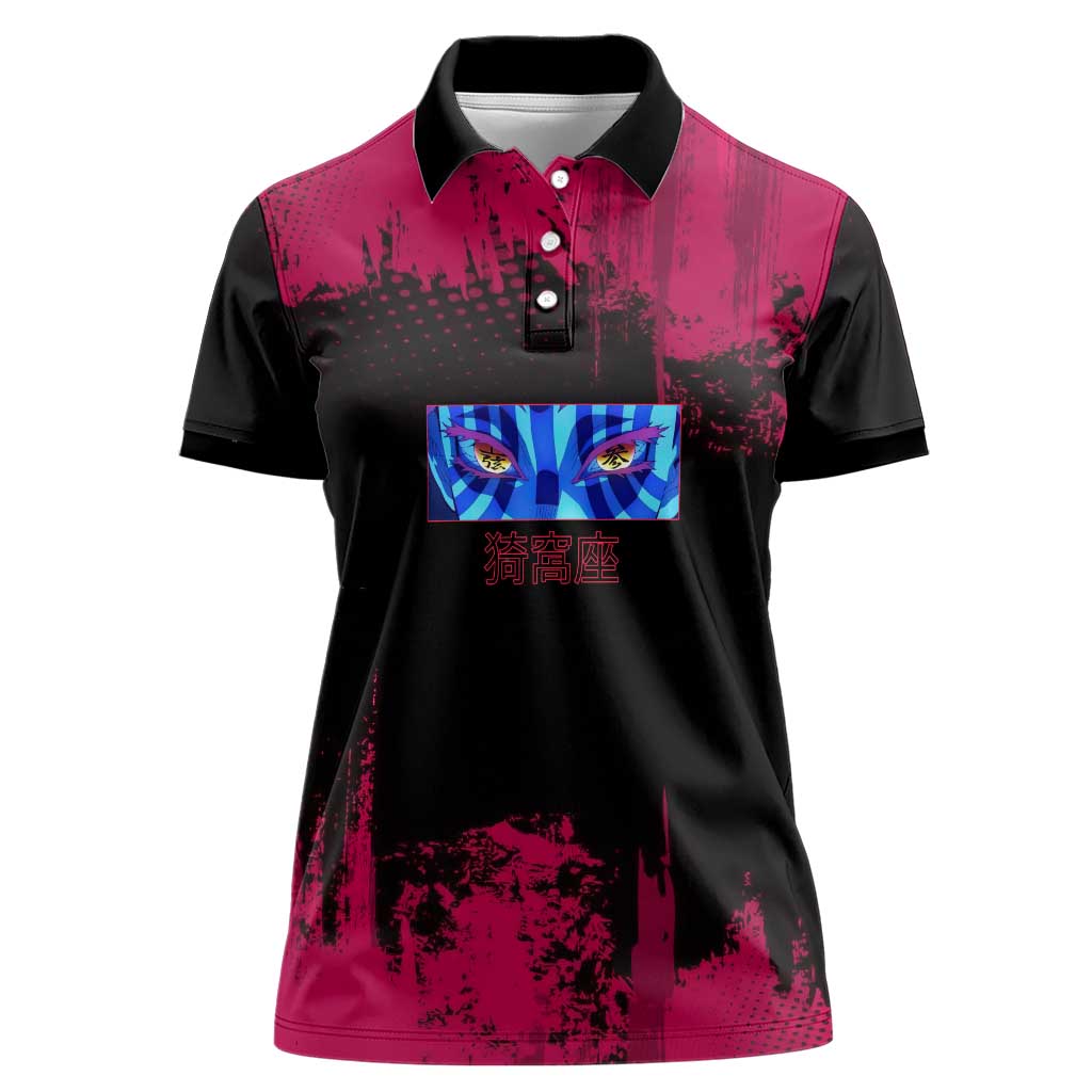 Akaza Demon Slayer Intense Eyes Design Women Polo Shirt with Red and Black Grunge Aesthetic and Dynamic Pose - The Mazicc