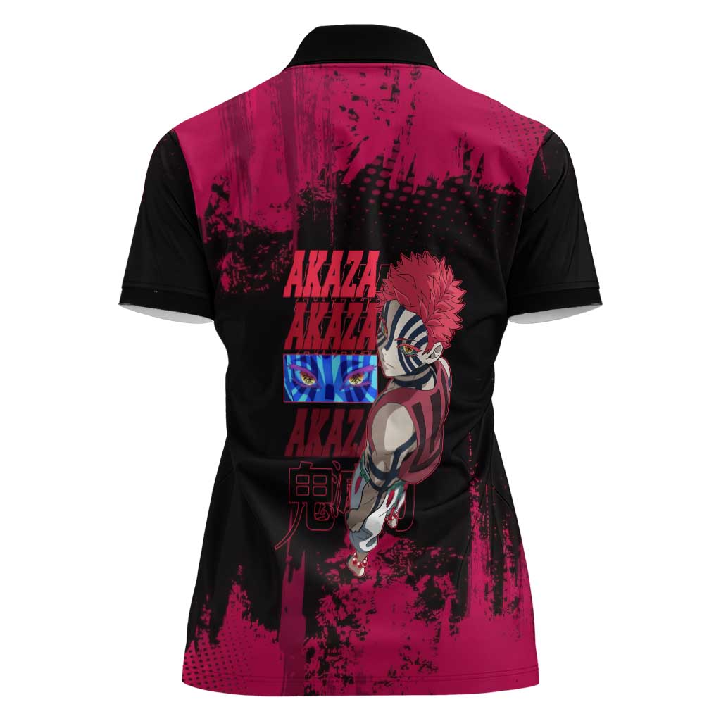Akaza Demon Slayer Intense Eyes Design Women Polo Shirt with Red and Black Grunge Aesthetic and Dynamic Pose - The Mazicc