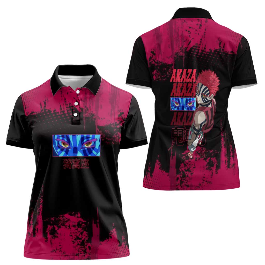 Akaza Demon Slayer Intense Eyes Design Women Polo Shirt with Red and Black Grunge Aesthetic and Dynamic Pose - The Mazicc