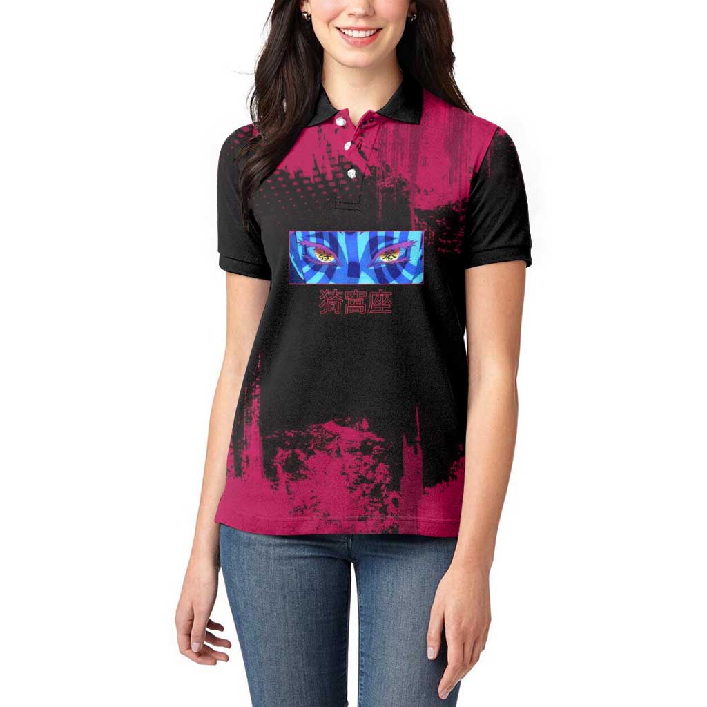 Akaza Demon Slayer Intense Eyes Design Women Polo Shirt with Red and Black Grunge Aesthetic and Dynamic Pose - The Mazicc