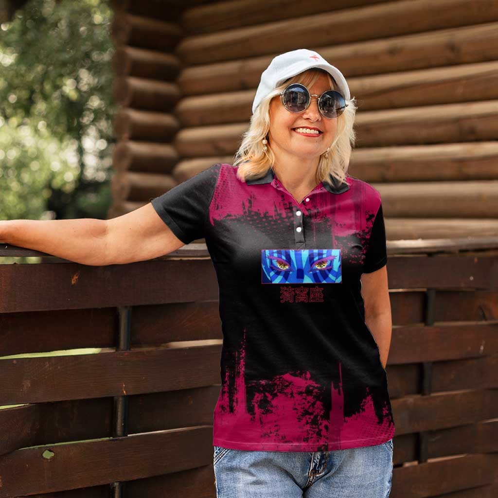 Akaza Demon Slayer Intense Eyes Design Women Polo Shirt with Red and Black Grunge Aesthetic and Dynamic Pose - The Mazicc