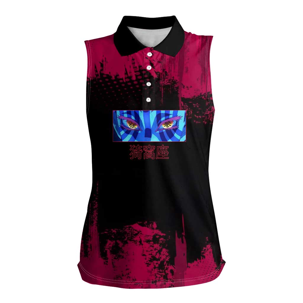 Akaza Demon Slayer Intense Eyes Design Women Sleeveless Polo Shirt with Red and Black Grunge Aesthetic and Dynamic Pose - The Mazicc