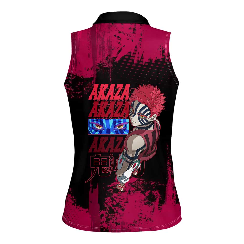 Akaza Demon Slayer Intense Eyes Design Women Sleeveless Polo Shirt with Red and Black Grunge Aesthetic and Dynamic Pose - The Mazicc