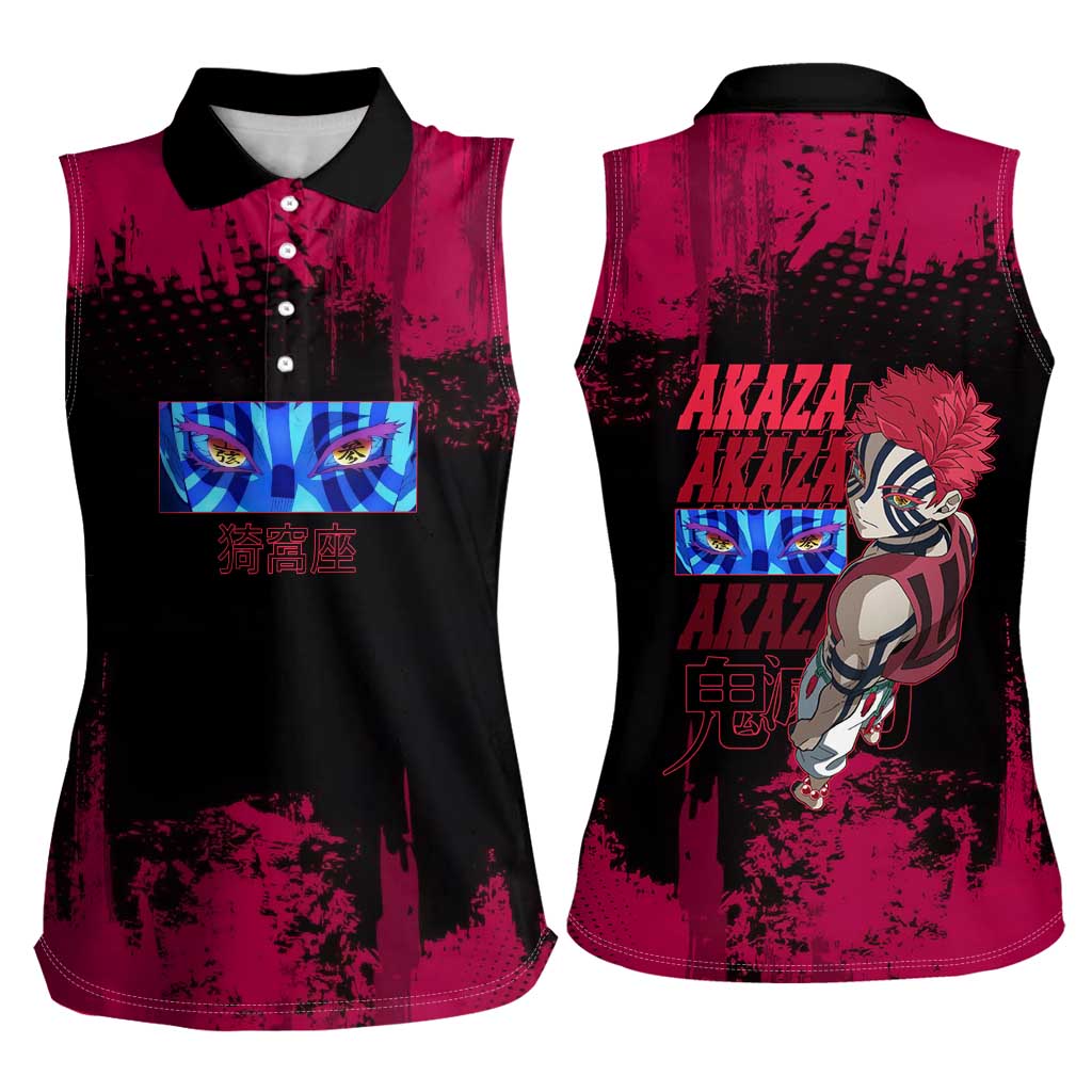 Akaza Demon Slayer Intense Eyes Design Women Sleeveless Polo Shirt with Red and Black Grunge Aesthetic and Dynamic Pose - The Mazicc